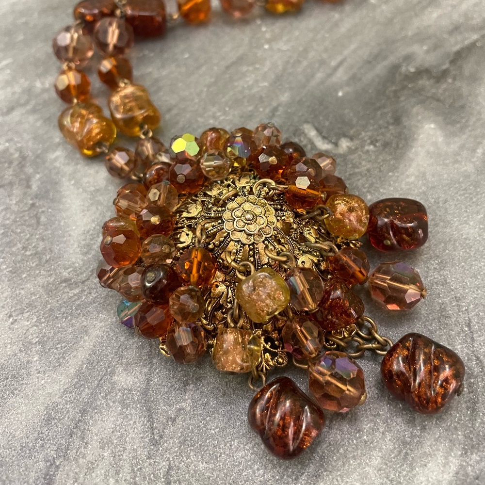 Vintage Murano Glass Brown Beaded Fringe Tassel Necklace